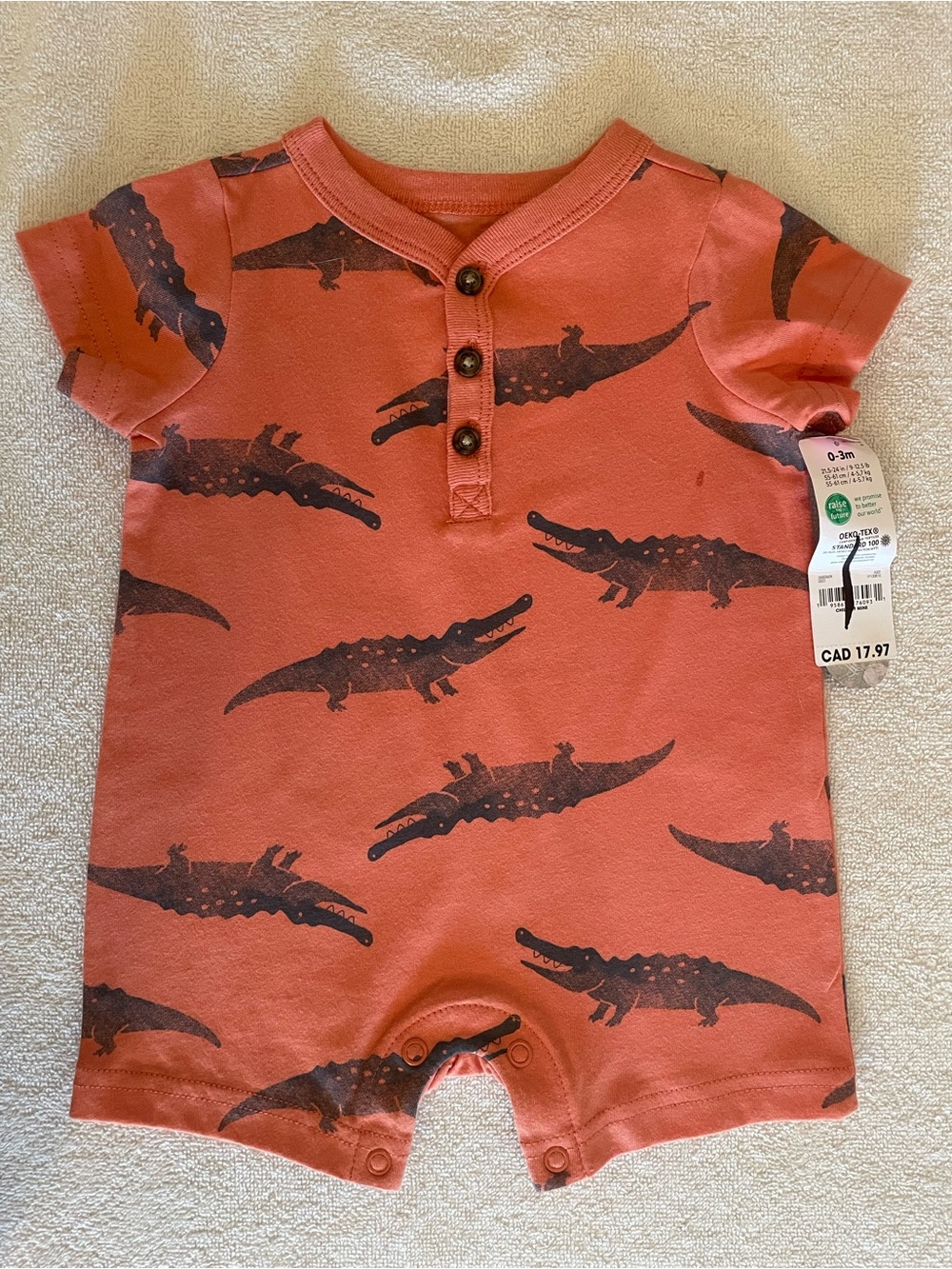 0-3M Rust Orange Baby Romper with Alligator Print NWT